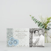 Blauwe Rozen Damask Lace Elegant Chic Wedding Phot Save The Date (Staand voorkant)