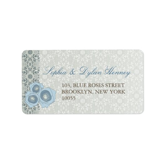 Blauwe Rozen Damask Lace Wedding Adresetiketten Etiket (Voorkant)