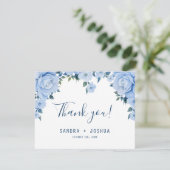 Blauwe Rozen Dank u bruiloft platte kaart (Staand voorkant)