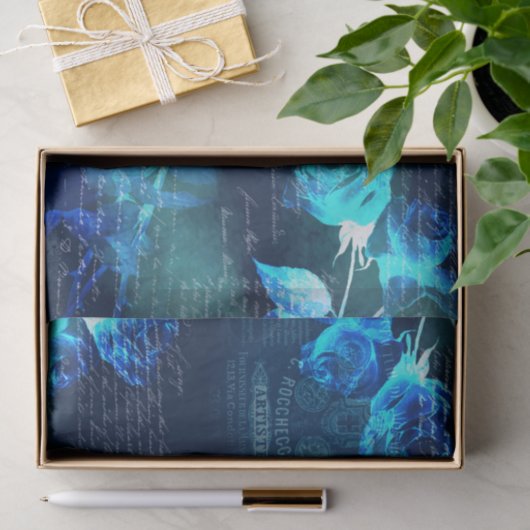 Blauwe Rozen Donkere Ephemera Weefselpapier Tissuepapier (Geschenk)