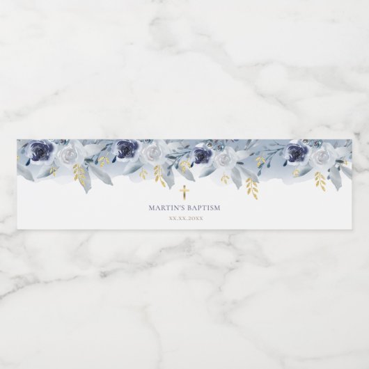 Blauwe rozen Doop Waterfles Etiket (Enkel label)