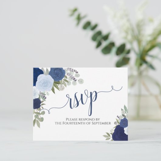 Blauwe Rozen Downloadbare Huwelijks RSVP Postkaart Kaart (Staand voorkant)