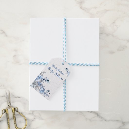 Blauwe Rozen Dragonfly Baby shower Cadeaulabel (Met Touw)