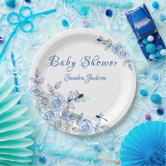 Blauwe Rozen Dragonfly Baby shower Papieren Bordje (Feest)