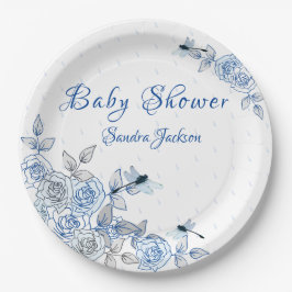 Blauwe Rozen Dragonfly Baby shower Papieren Bordje