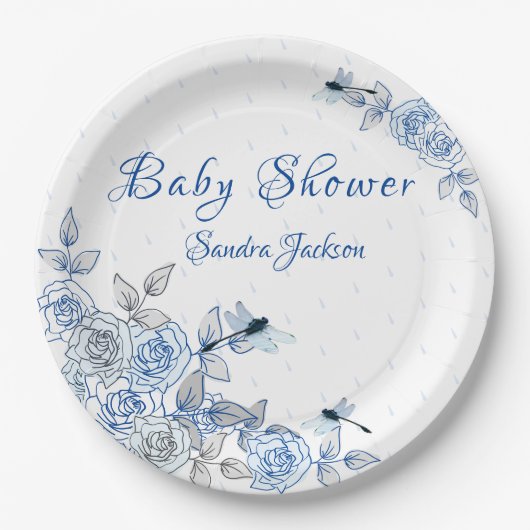 Blauwe Rozen Dragonfly Baby shower Papieren Bordje (Voorkant)