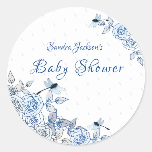 Blauwe Rozen Dragonfly Baby shower Ronde Sticker (Voorkant)