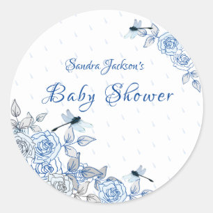 Blauwe Rozen Dragonfly Baby shower Ronde Sticker