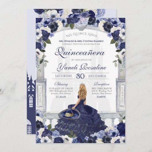 Blauwe Rozen Elegant Charro Princess Quinceanera Kaart (Voorkant / Achterkant)