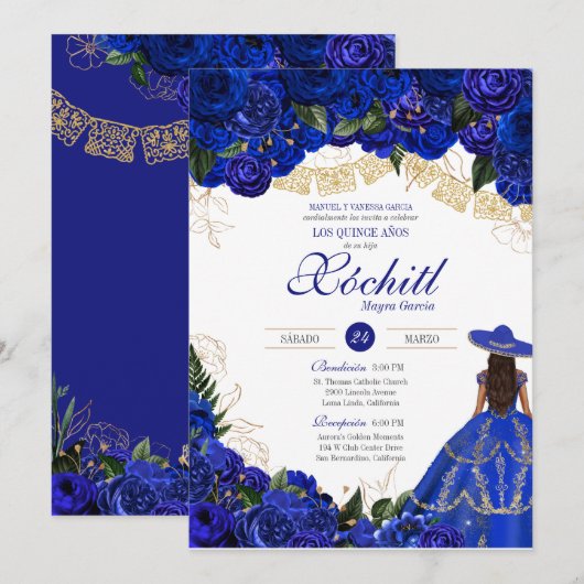 Blauwe Rozen Elegant Charro Quinceanera Kaart (Voorkant / Achterkant)