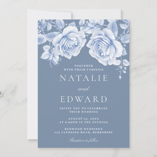 Blauwe Rozen Elegante bruiloft Kaart (Voorkant)