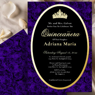 Blauwe Rozen Elegante Gouden Bloemige Quinceanera  Folie Uitnodiging