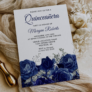 Blauwe Rozen Elegante Zilveren Quinceanera Kaart
