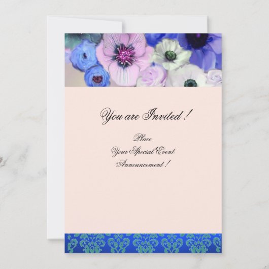 BLAUWE ROZEN EN ANEMOON BLOEMEN BRUIDSSLUIER KAART (Achterkant)