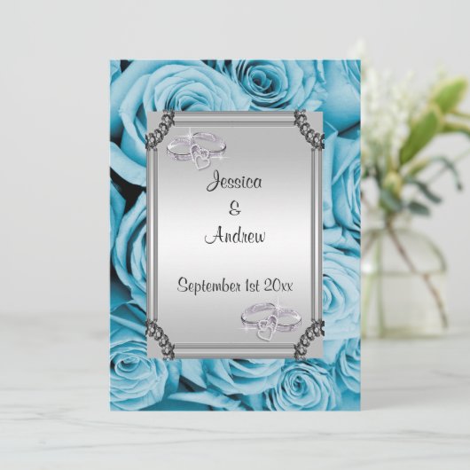 Blauwe Rozen en diamanten trouwringen Kaart (Staand voorkant)