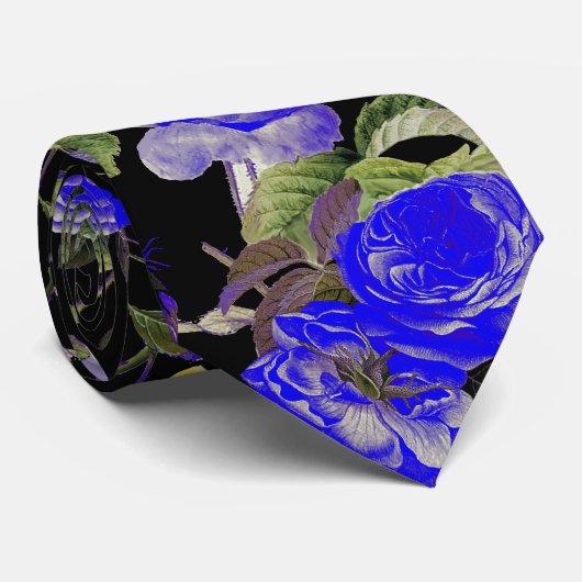 BLAUWE ROZEN EN GEEL BUTTERFLIES zwart Stropdas (Opgerold)