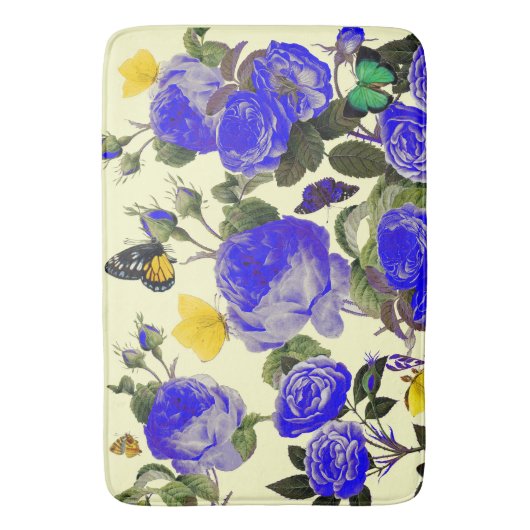 BLAUWE ROZEN EN GELE VLINDERS WIT BADMAT (Voorkant Verticaal)