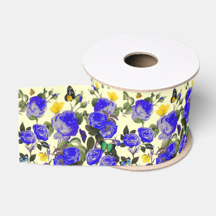 BLAUWE ROZEN EN GELE VLINDERS Wit Grosgrain Lint