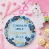 Blauwe Rozen en Gouden Folie Bladeren Afstuderen  Papieren Bordje (Feest)