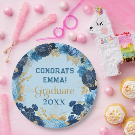 Blauwe Rozen en Gouden Folie Bladeren Afstuderen Papieren Bordje (Feest)