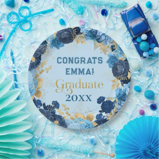 Blauwe Rozen en goudolievlekken Afstuderen Papieren Bordje (Feest)