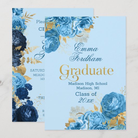 Blauwe Rozen en goudolievlekken GraduPartij Aankondiging (Voorkant / Achterkant)