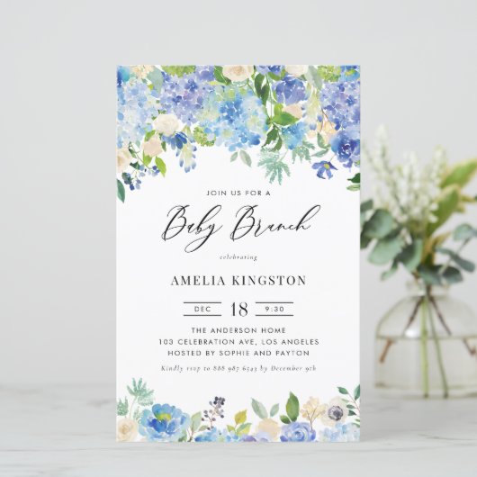 Blauwe Rozen en Hydrangea Baby Brunch Invitation (Staand voorkant)