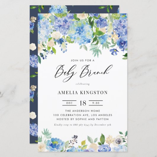 Blauwe Rozen en Hydrangea Baby Brunch Invitation (Voorkant / Achterkant)