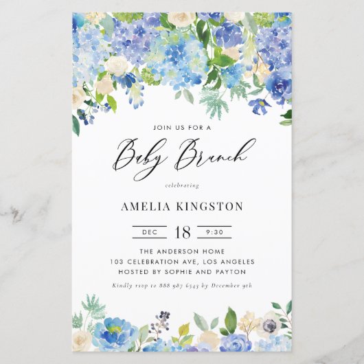 Blauwe Rozen en Hydrangea Baby Brunch Invitation (Voorkant)