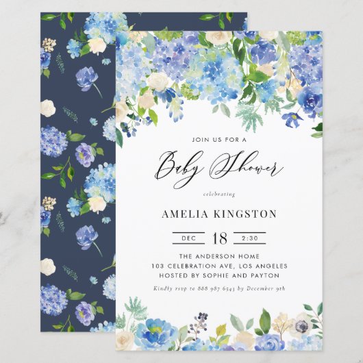 Blauwe Rozen en Hydrangea Baby shower Invitation (Voorkant / Achterkant)