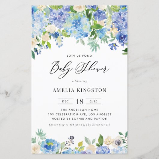 Blauwe Rozen en Hydrangea Baby shower Invitation (Voorkant)