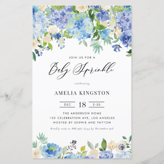 Blauwe Rozen en Hydrangea Baby Sprinkle Invitation (Voorkant)