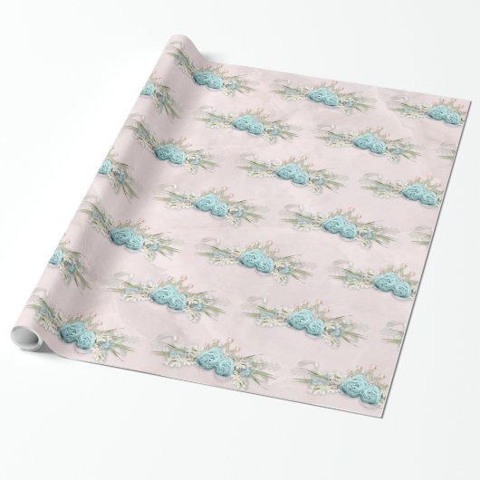 Blauwe Rozen en kroonflora Bouquet Pattern Cadeaupapier (Uitgerold)