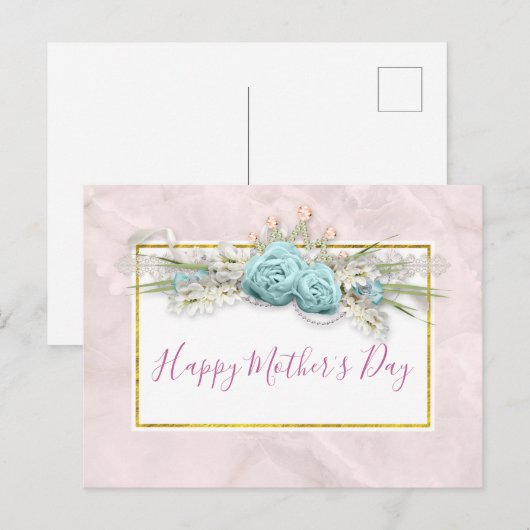 Blauwe Rozen en kroonFloral Bouquet Moederdag Briefkaart (Voorkant / Achterkant)