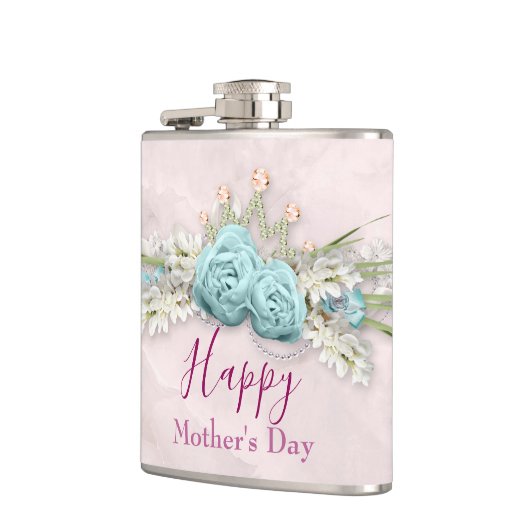 Blauwe Rozen en kroonFloral Bouquet Moederdag Heupfles (Links)