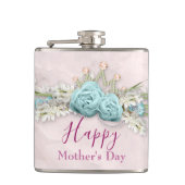 Blauwe Rozen en kroonFloral Bouquet Moederdag Heupfles (Voorkant)