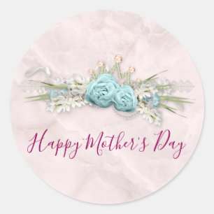 Blauwe Rozen en kroonFloral Bouquet Moederdag Ronde Sticker