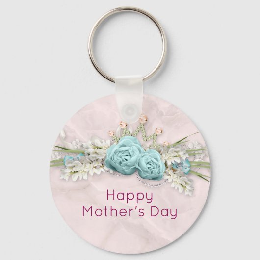 Blauwe Rozen en kroonFloral Bouquet Moederdag Sleutelhanger (Voorkant)