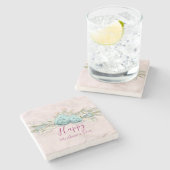 Blauwe Rozen en kroonFloral Bouquet Moederdag Stenen Onderzetter (Zijkant)