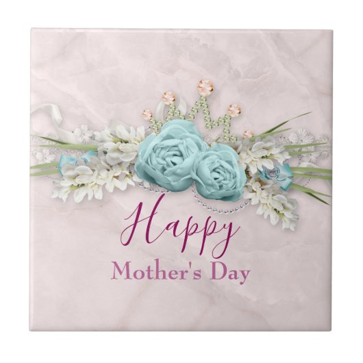Blauwe Rozen en kroonFloral Bouquet Moederdag Tegeltje (Voorkant)