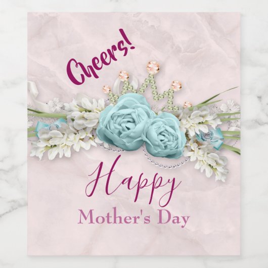 Blauwe Rozen en kroonFloral Bouquet Moederdag Wijn Etiket (Enkel label)