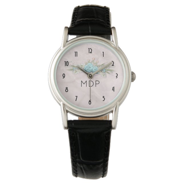 Blauwe Rozen en kroonFloral Bouquet Monogram Horloge (Voorkant)
