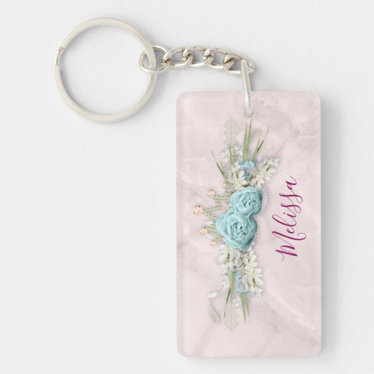 Blauwe Rozen en kroonFloral Bouquet Sleutelhanger (Voorkant)