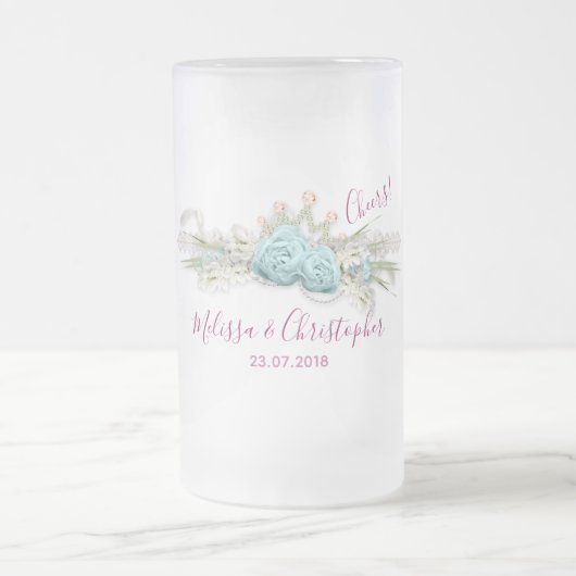 Blauwe Rozen en kroonFloral Bouquet Wedding Matglas Bierpul (Center)