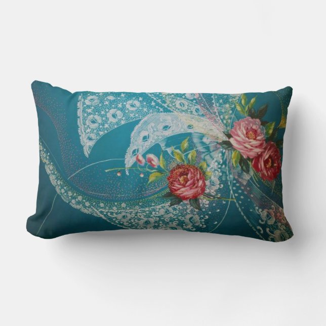  Blauwe Rozen en Lace Floral Kussen (Voorkant)