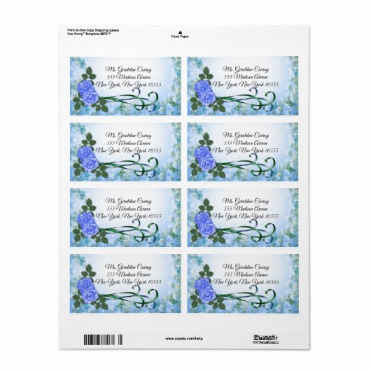 Blauwe rozen en linten adresetiketten etiket (Full Sheet)