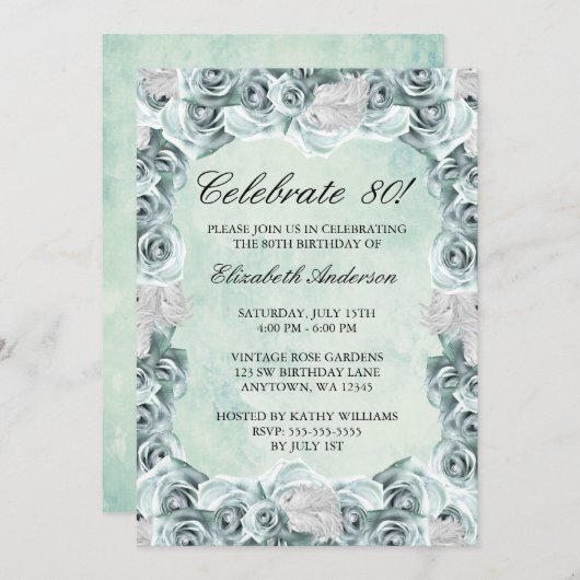  Blauwe Rozen en Veer 80e verjaardag Kaart (Voorkant / Achterkant)