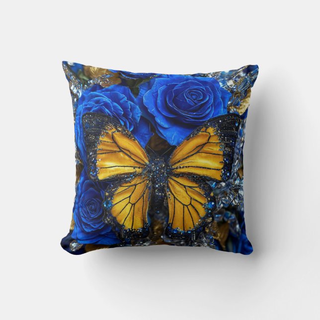 Blauwe rozen en vlinder kussen (Voorkant)
