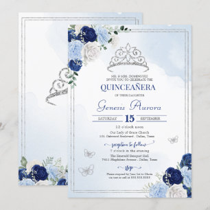 Blauwe Rozen Floral Butterfly Quinceañera Uitnodig Kaart