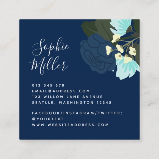 Blauwe Rozen Floral en Blue Gingham Vierkante Visitekaartje (Achterkant)
